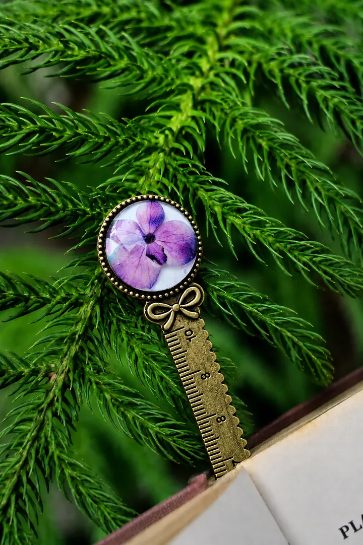 Solid Brass Bookmark with Ruler Markings with Preserved Amethyst Purple Hydrangea