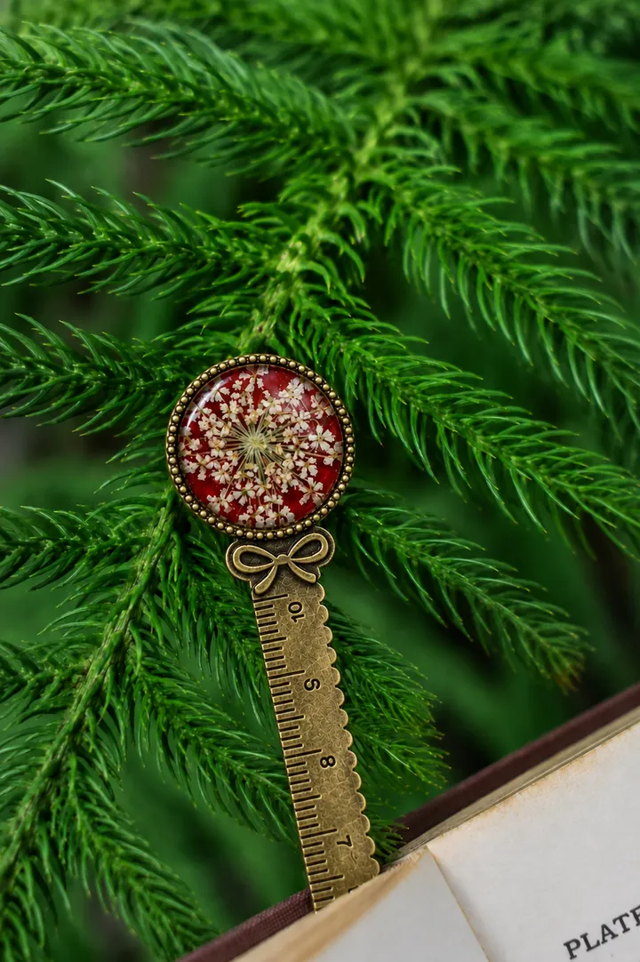 Solid Brass Bookmark with Ruler Markings with Preserved Ivory Queen Anne's Lace