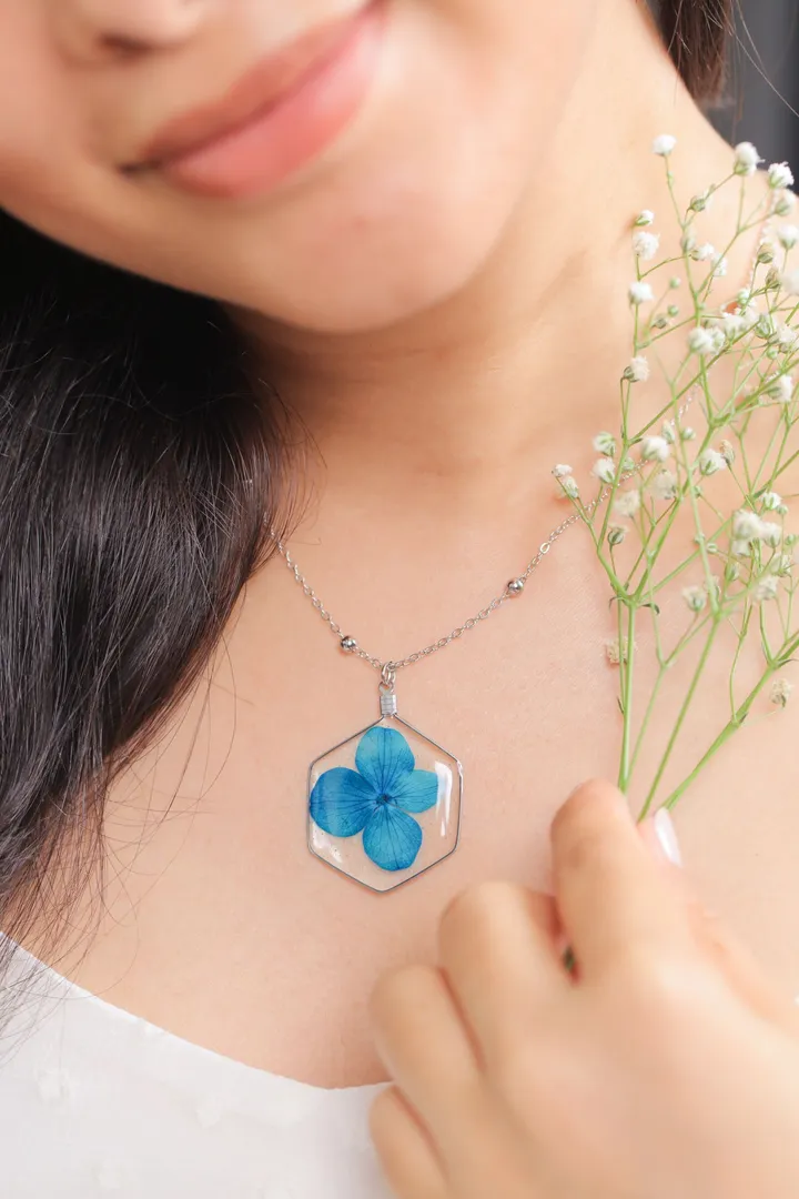 Azure Blue Hydrangea Hex Necklace for Gratitude