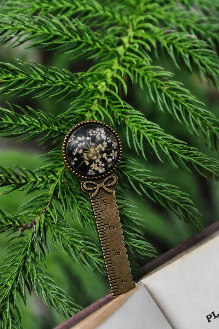 Solid Brass Bookmark with Ruler Markings with Preserved Coral Queen Anne's Lace