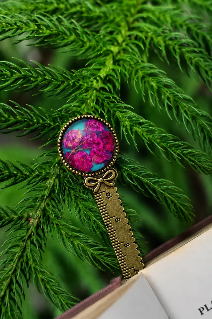 Antique Silver Finish Metal Bookmark with Real Pink Gypsophila Flowers in Resin